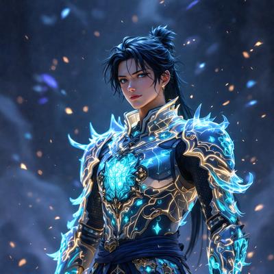 The primary subject of the image is a person, likely a woman, dressed in a blue and gold outfit. The setting appears to be a dark, possibly magical, environment. The visual style of the image is digital art, with the person's outfit and the surrounding elements being intricately detailed. The colors in the image are predominantly blue and gold, creating a sense of elegance and mystique.